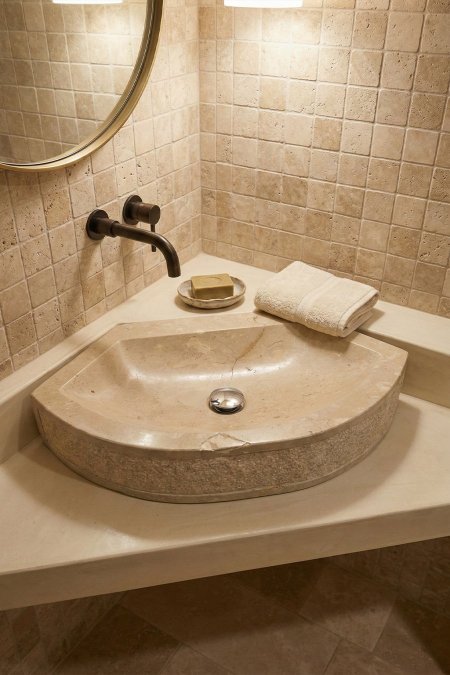 حوض مغسلة حجر طبيعي نصف دائري – 66×39 سم